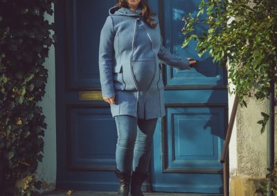 manteau femme enceinte en laine de maternité portage mamalila bleu