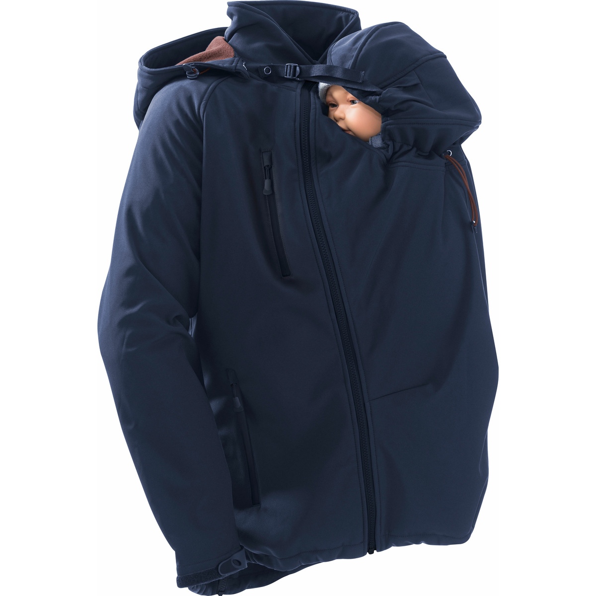 veste manteau de portage homme papa mamalila softshell bleu ventral dorsal polyvalent porte-bébé écharpe en hiver automne imperméable capuche