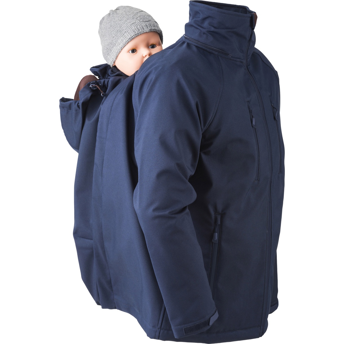veste manteau de portage homme papa mamalila softshell bleu ventral dorsal polyvalent porte-bébé écharpe en hiver automne imperméable capuche