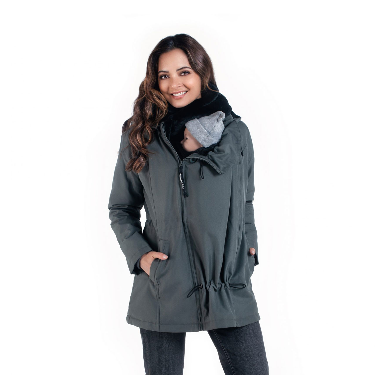 manteau wombat wallaby gris portage grossesse maternité portage dos ventre extension porter bébé hiver froid coupe-vent capuche